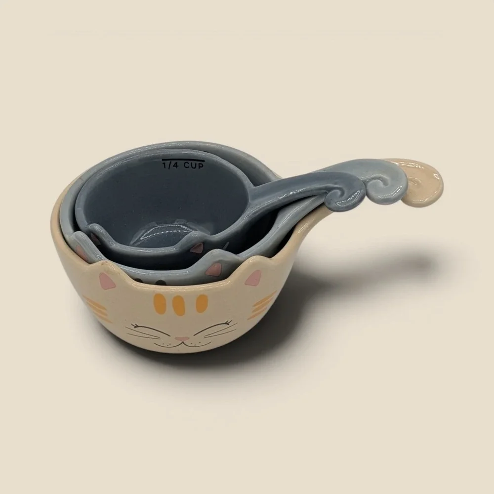 Cat Ceramic 3 Measuring Cup Set Kawaii Functional Kitchen Decor Cat Lover Gift